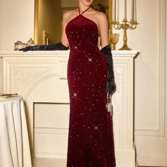 Burgundy Sexy Women's Velvet Sequin Maxi Dress - Picture 5 of 6